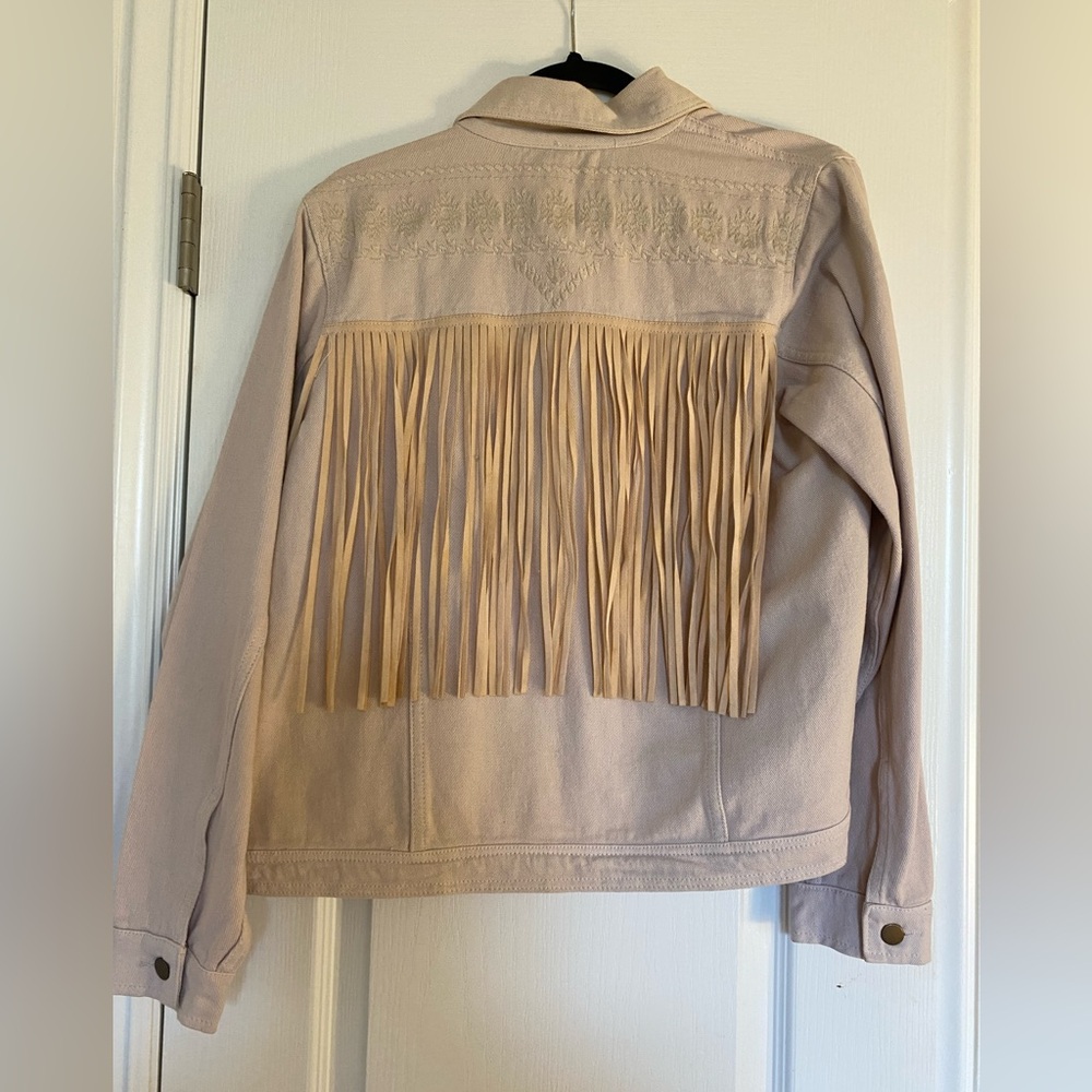 Saltwater Luxe Tan Cream Fringe Denim Western Jacket